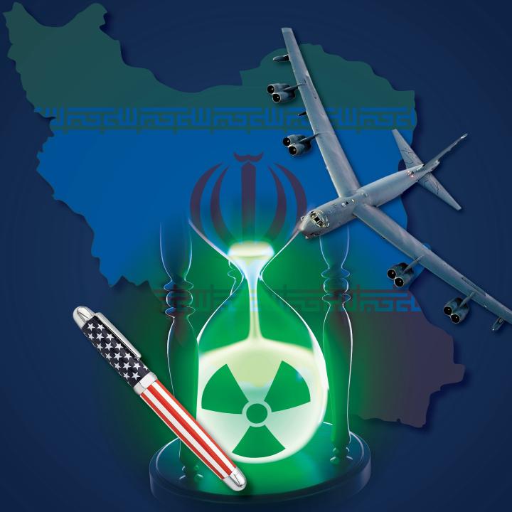 Cover for Iran Transition Note, with images of a pen with U.S. flag, a B-52 bomber, nuclear symbols, and Iranian flag + map.